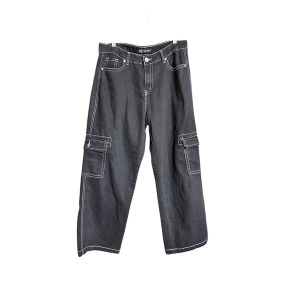 Y2K Blue Savvy Black Baggy Wide Leg Cargo Jeans Womens 16 White Stitch Gorpcore - Picture 1 of 8